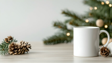 White Mug with Pine Cones and Christmas Lights