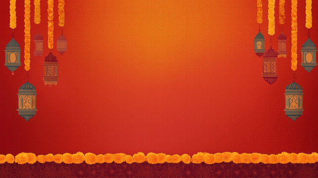 Diwali banner with colorful hanging lanterns and marigold flowers hanging on top, bright red to orange gradient background