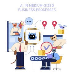 AI In Medium Sized Business Processes. Flat Vector Illustration