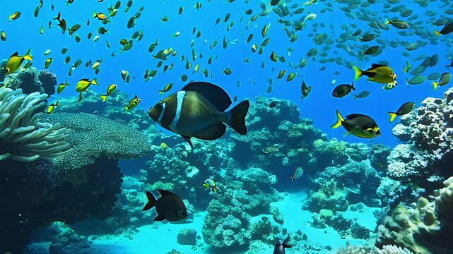 Tracking video of a vibrant triggerfish as it navigates a lively coral reef teeming with marine life, using natural light with vibrant clarity