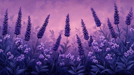 Obraz premium Beautiful lavender flowers bloom in a purple field, oil painting style. Perfect for backgrounds, art prints, or calming themed designs.