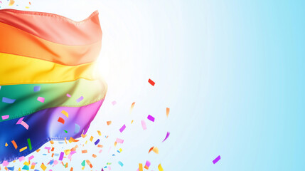 Pride themed banner wallpaper with rainbow flag fluttering in the wind, light blue to white gradient background with sunlight effect from the side