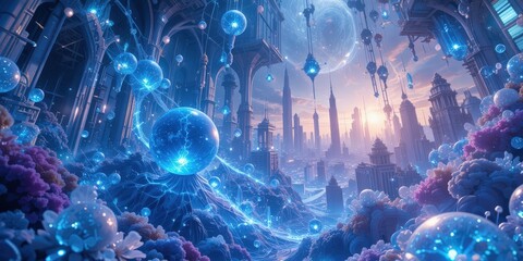 Obraz premium A vibrant fantasy cityscape adorned with an abundance of blue and purple flowers, cascading from balconies and lining cobblestone streets, under a twilight sky filled with shimmering stars.