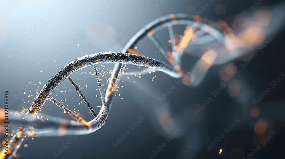 Fototapete abstract 3d rendering of dna strand with orange light effects