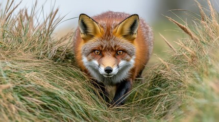 Naklejka premium Red fox emerging from tall grass
