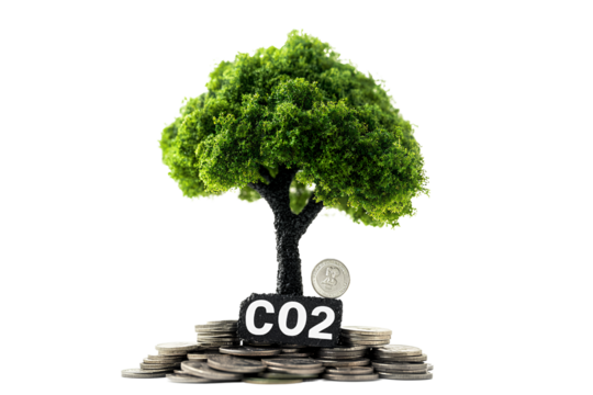 A green tree growing on a pile of coins with a "CO2" sign, transparent background PNG