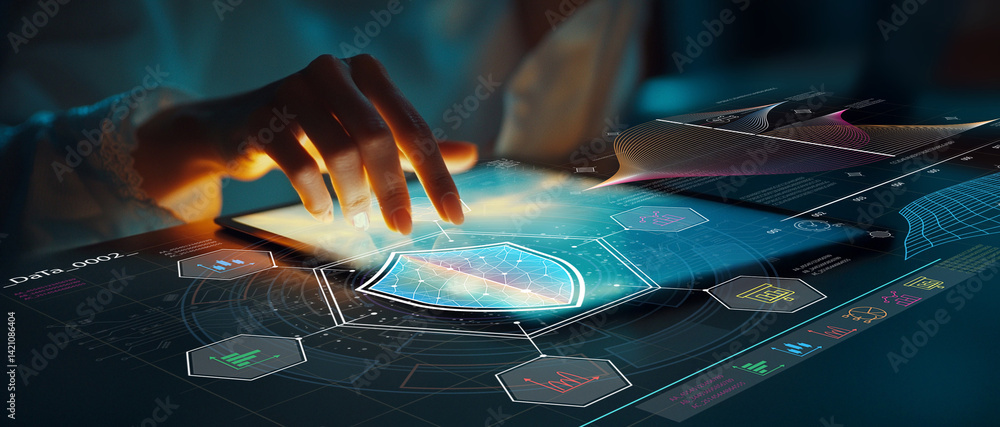 Aufkleber modern technology concept with digital interface, security shield, and hand interacting with futuris
