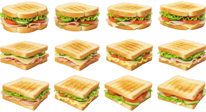 A grid of twelve sandwiches with various fillings on a black background for a food related concept