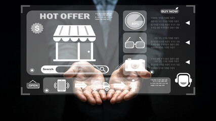 Innovative Digital Marketing Concept with Hands Displaying E-commerce Interface and Hot Offer Promotion Boosting Online Sales