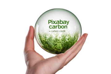 A hand holding a "Pixabay Air" bubble with the words "carbon credit" inside, transparent background PNG