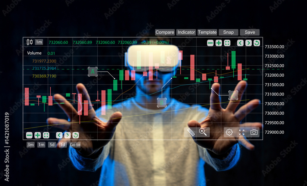 Poster man in virtual reality glasses analyzing stock market data with hands gesture on transparent display