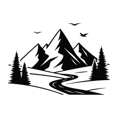 Obraz premium Silhouette illustration of a mountain range with River vector, Art & Illustration on a white background