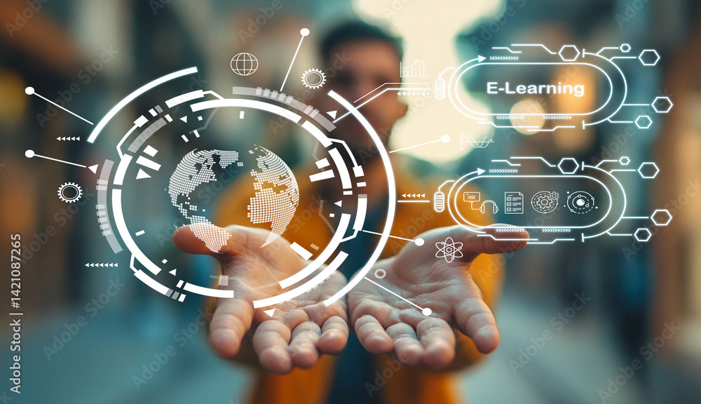 Poster interactive digital learning technology concept with global connectivity and e-learning innovations 