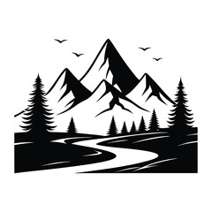 Obraz premium Silhouette illustration of a mountain range with River vector, Art & Illustration on a white background