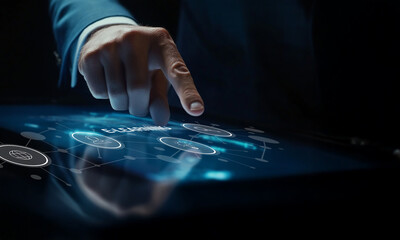 Businessman Interacting with Digital Touchscreen Technology in a Futuristic Setting with Data and Graphics on Display