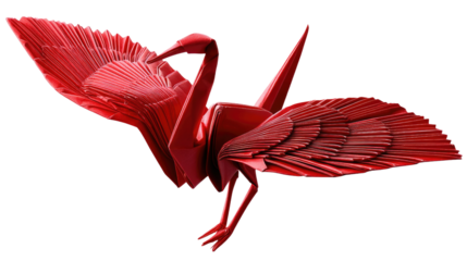 Paper Crane's Graceful Flight: A vibrant, photorealistic depiction of an intricately folded origami crane, a symbol of peace, hope, and the art of paper folding. The crane takes flight.