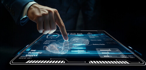 Businessman Interacting with High-Tech Interface Displaying Electric Vehicle Specifications and Features in Futuristic Setting