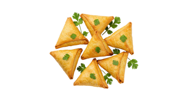 A top view of samosas arranged in a circle garnished with fresh cilantro on a dark background