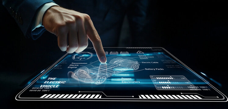 Businessman Interacting with High-Tech Interface Displaying Electric Vehicle Specifications and Features in Futuristic Setting - Powered by Adobe
