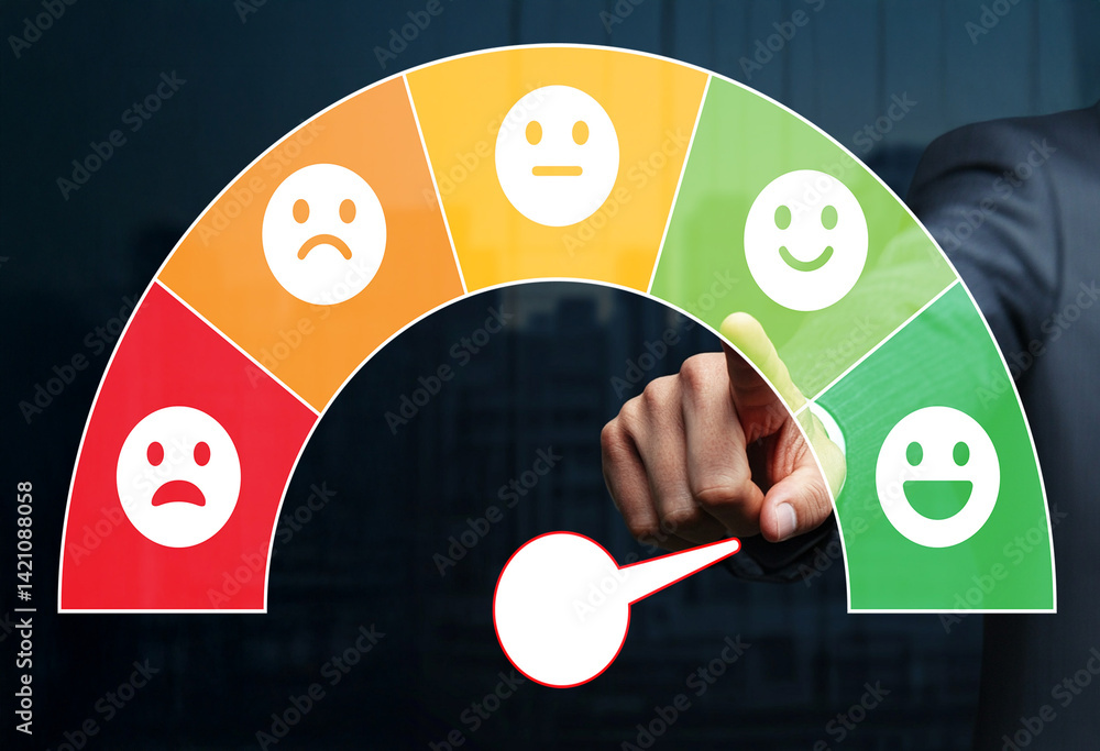 Poster user satisfaction gauge with facial expressions representing emotions for business and customer serv