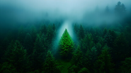 Single Evergreen Tree in Foggy Forest