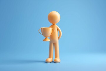 Orange 3D Rendered Figure Holding Gold Trophy Against Blue Background