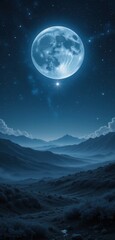 A luminous full moon casts a silvery glow over rugged mountain peaks, illuminating the dark sky and creating a serene, enchanting atmosphere in the tranquil night landscape.