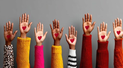 An illustration featuring a diverse group of abstract individuals reaching out with hands adorned with hearts