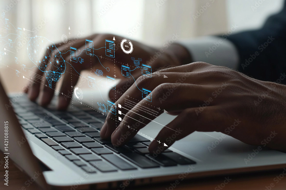Poster hands typing on laptop with graphic overlay of data and technology concepts in modern office environ