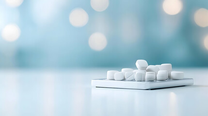 White Pills on a White Surface with a Blue Bokeh Background