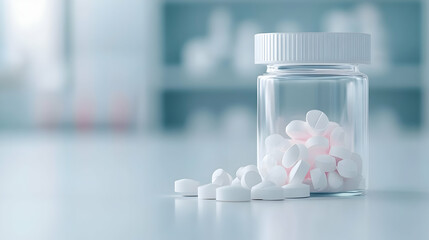 White Pills in Clear Jar on Light Blue Surface