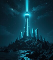 A vibrant futuristic cityscape features sleek skyscrapers with glowing neon lights, while a massive alien spaceship hovers above, casting a shadow over the bustling streets below.