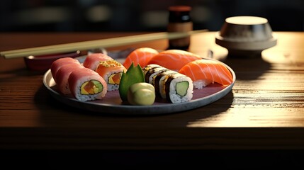 sushi dishes, homemade sushi with salmon, Philadelphia cream cheese, Japanese omelette, cucumber and wasabi.