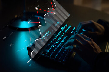 Hands typing on a keyboard with glowing keys, displaying a data analysis graph with fluctuating lines and bars in a dark workspace environment