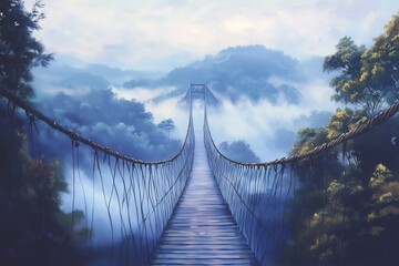 Obraz premium Suspension bridge leading into a misty mountain landscape, shrouded in fog and clouds