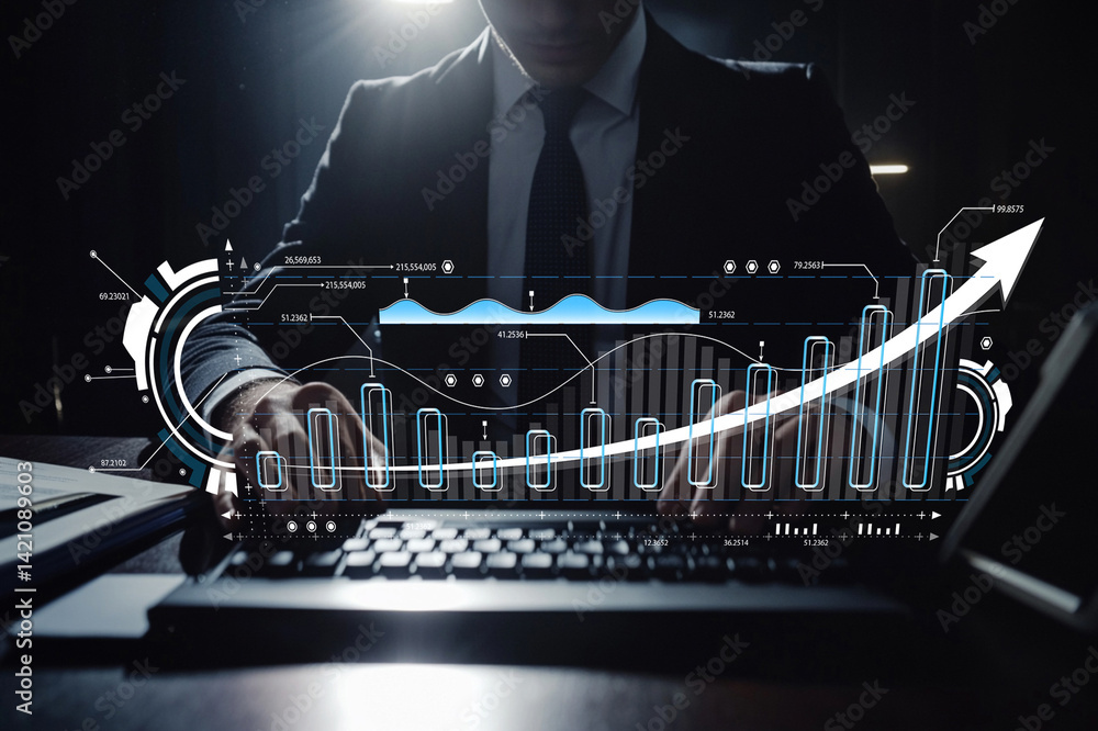 Poster businessman analyzing data and trends on laptop with digital graphics representing growth and financ
