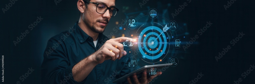 Poster man interacts with a digital target visualization.