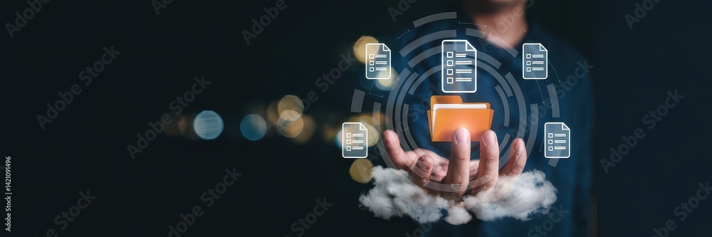 Aufkleber digital document management displayed in a hand.