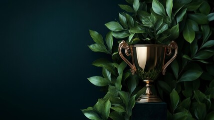 Bronze trophy nestled in lush green foliage against a dark background.