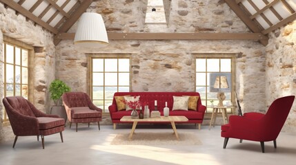 Rustic Living Room Interior with Red Sofa and Armchairs in Stone Barn