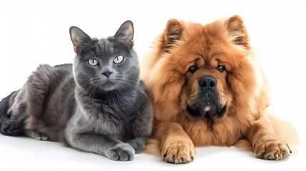 Obraz premium A sleek Russian Blue cat sitting beside a fluffy Chow Chow dog on a white background looking elegant overlay cut out on isolated transparent removed background
