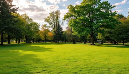 Obraz premium Sunny park scene. Lush green grass, trees, and a cloudy sky