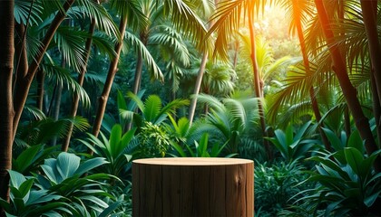 Wooden podium in tropical forest for product presentation and green background