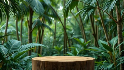 Wooden podium in tropical forest for product presentation and green background