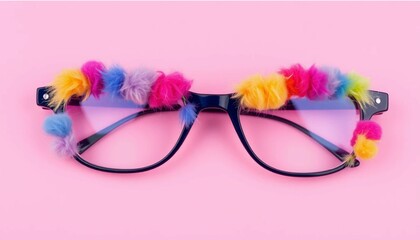 Multicolored fuzzy eyeglasses on pink backdrop