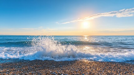 Ocean wave crashing on a pebble beach at sunset.  The sun shines brightly in a clear sky.