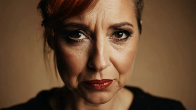 Close-up static video of a woman with dramatic side lighting, simple sepia background, her glistening eyes, a slight, wistful smile