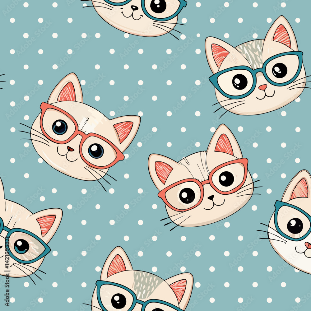 Poster design a charming 2d background featuring a repeating polka dot pattern of adorable cats wearing tin