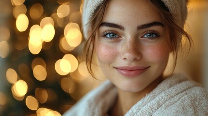 Portrait of a Young Woman with Freckles in a Cozy Bathrobe, Warm Golden Bokeh Background
