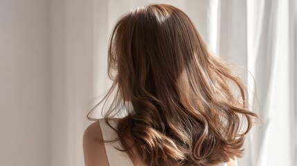 Beautiful model girl with Brown hair strand,silky healthy chestnut wavy hair strand,hair wavy ribbon, with smooth,Keratin straightening,Treatment,straight long hair,procedures,Smooth hairstyle.